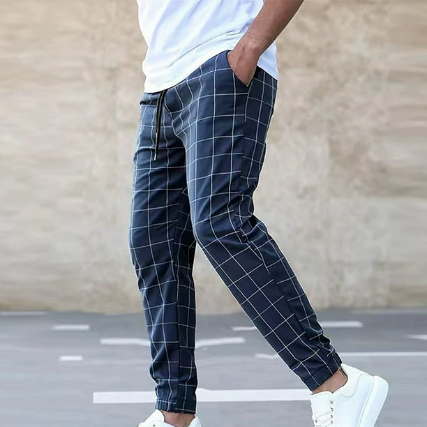 Pantalones largos para hombre, estilo casual, deportivo, a cuadros, con cintura elástica y bolsillos.