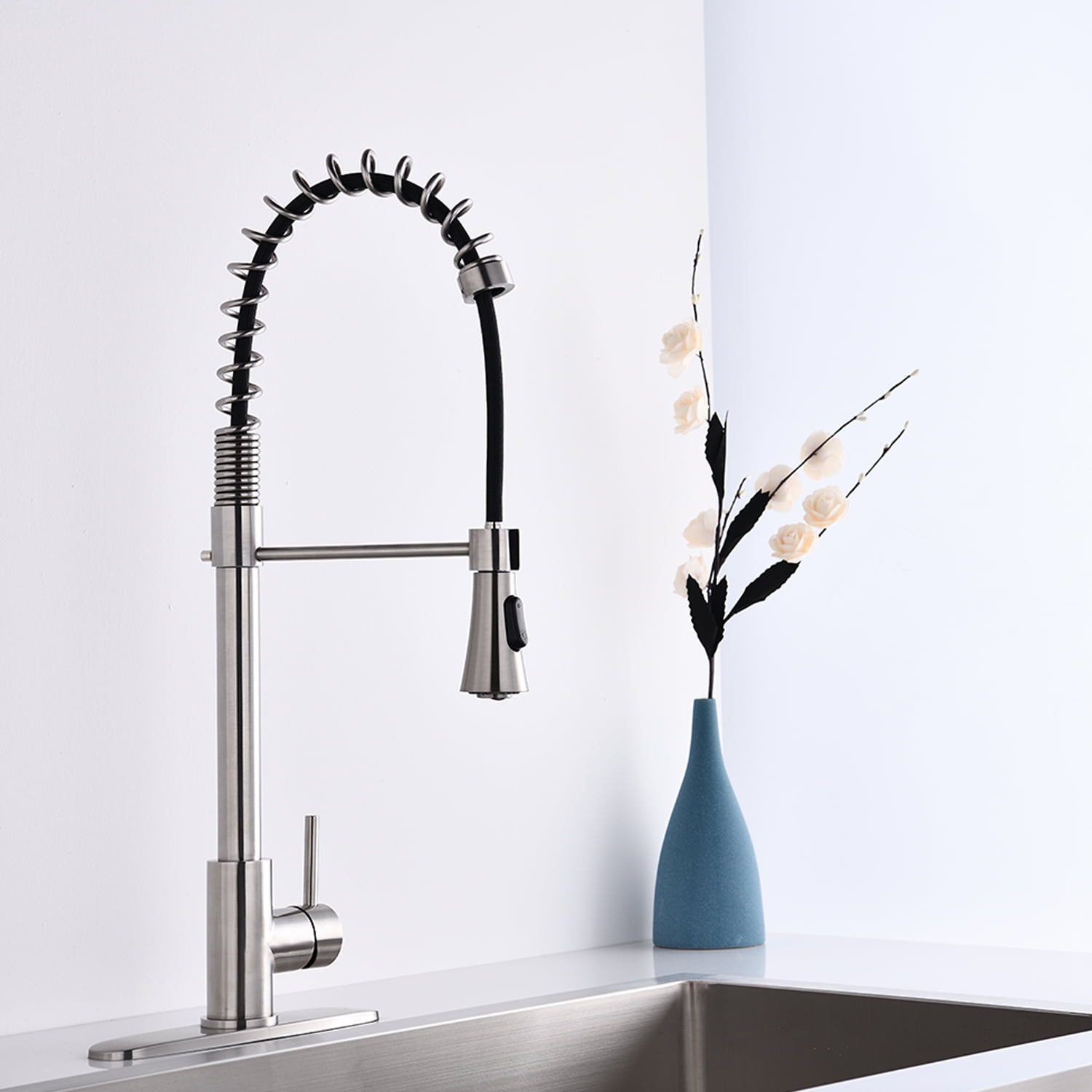 Izzovium Commercial Modern Single Handle Spring High Arc Kitchen Faucet, 23.62" Height, 8" Spout Reach, 1.8GPM Flow Rate, Brushed Nickel Finish, Stainless Steel Construction