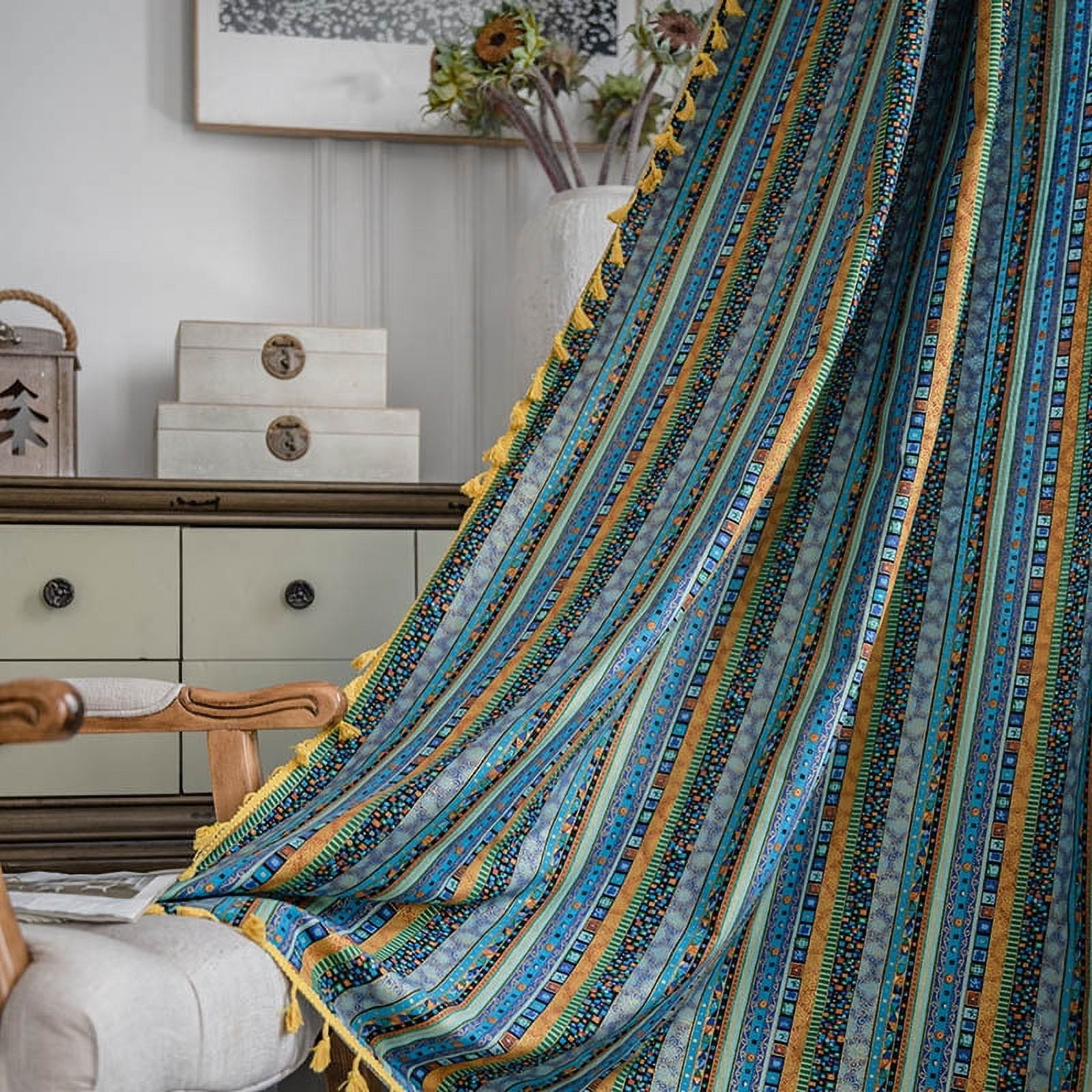 Zhuge Home Curtains for Bedroom Living Room,Semi-Blackout Country Cotton and linen Vintage Chic Tassels Hollow Window Treatment Rod Pocket Drape（2 Panel，94.5*59in,A65）