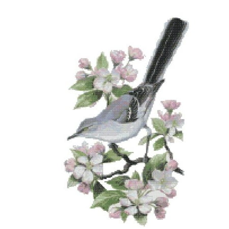 Apple Blossom State Flower - Arkansas State Bird and Flower Northern Mockingbird and Apple Blossom Counted Cross Stitch Pattern