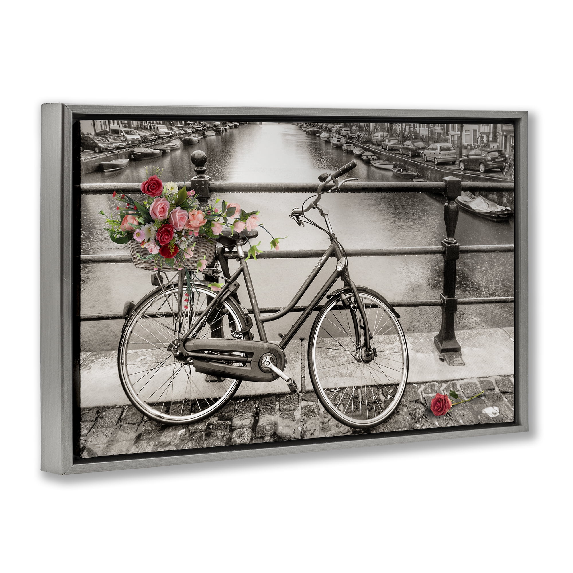 Stupell Industries Rose Filled Bike over Canal Transportation Painting Gray Floater Framed Canvas Art Print Wall Art, 25 x 17