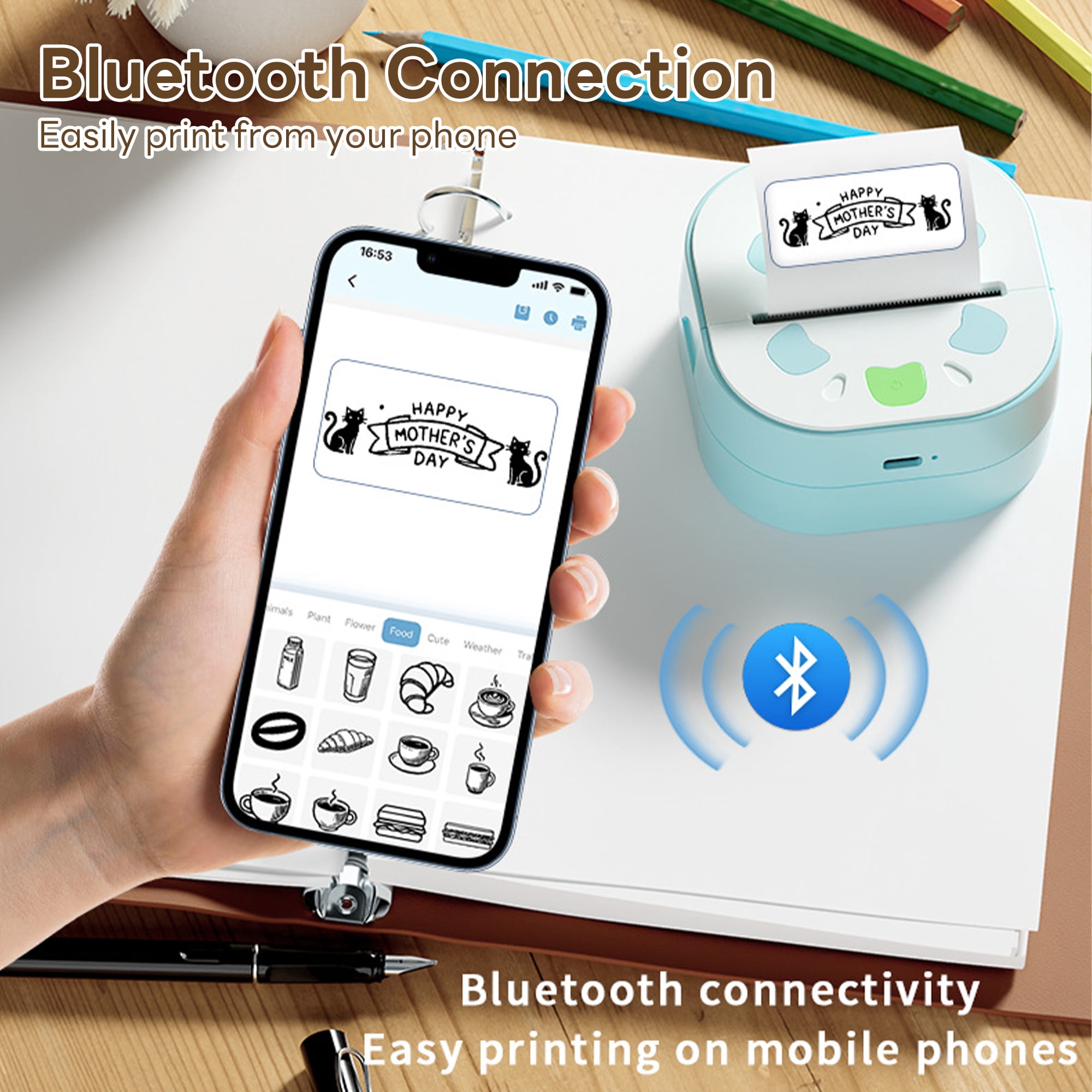 Pecham Sticker Printer, Portable Bluetooth Inkless Thermal Mini Printer with 3 Rolls for Notes, Gifts, Journals, Planners, Scrapbooking