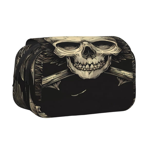 Kdxio Gothic Winged Skull for Double Compartment Pen Case Oxford Organizer with Zipper Pockets for Students Artists