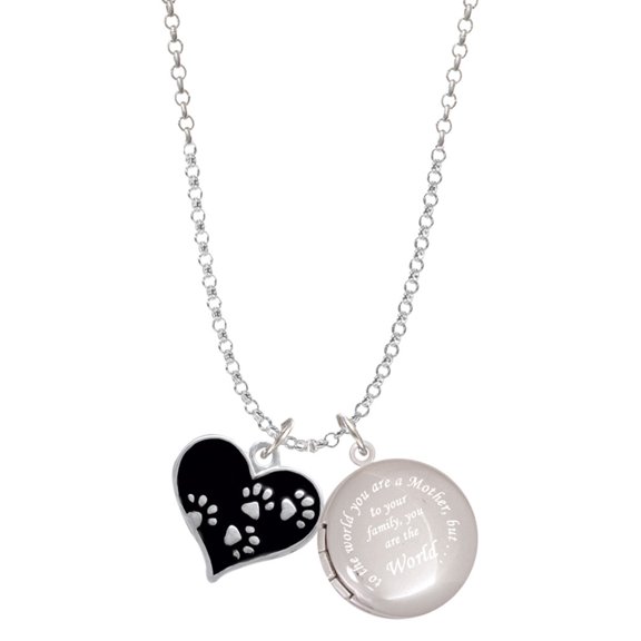 Delight Jewelry Black Enamel Heart with Paw Prints To the World You are a Mother Locket Necklace