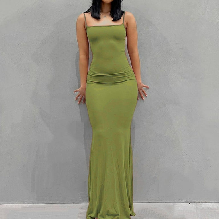 Rvkxad Women Dresses Maxi Bodycon Dress Spaghetti Strap Long Dresses Casual  Spring Sleeveless Tight Slip Sexy Slim Fitting Dress Green L - Walmart.com