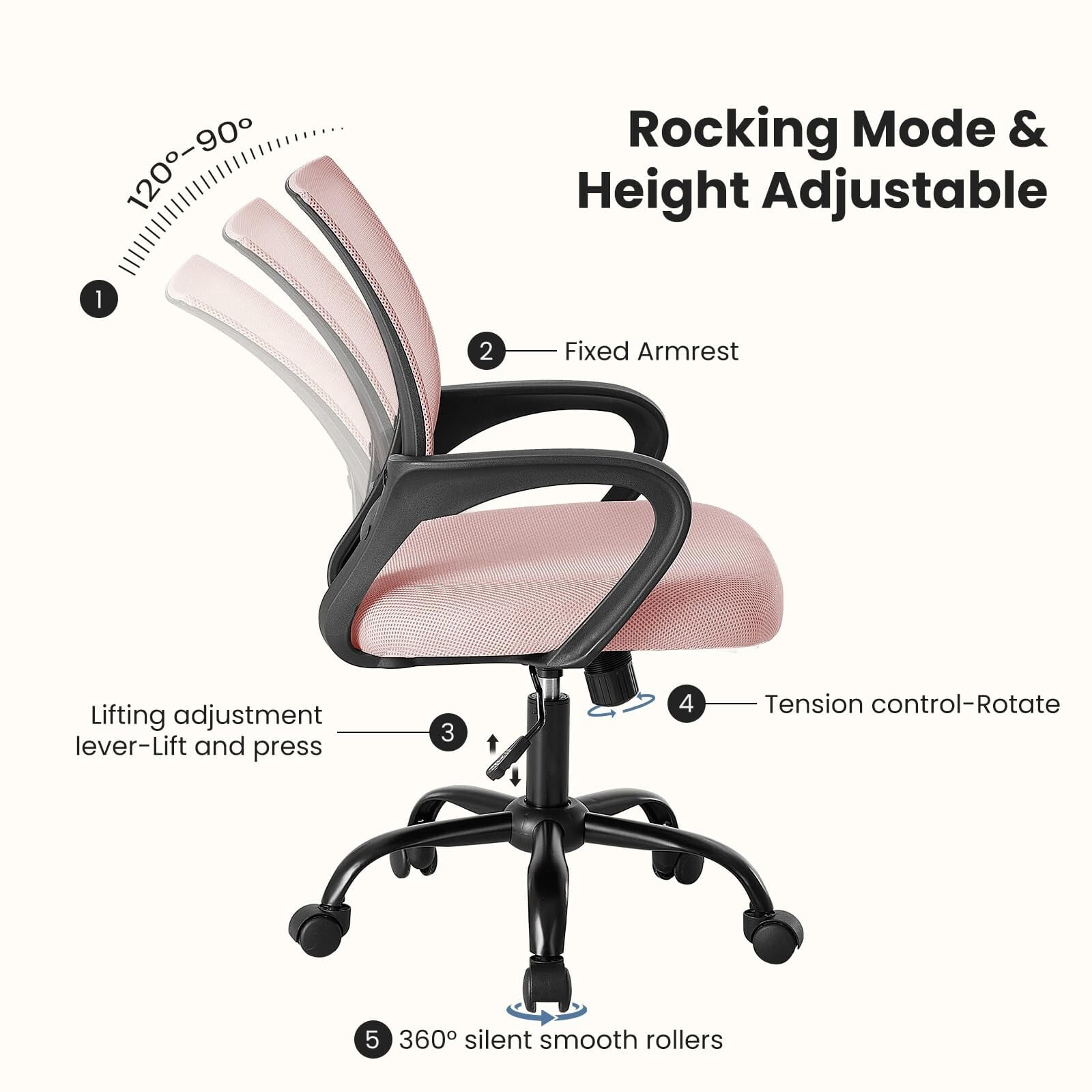 Kelno Mid-Back Mesh Office Chair 250lb Capacity Ergonomic Desk Chair with Lumbar Support Adjustable Height Rocking Task Chair, Pink