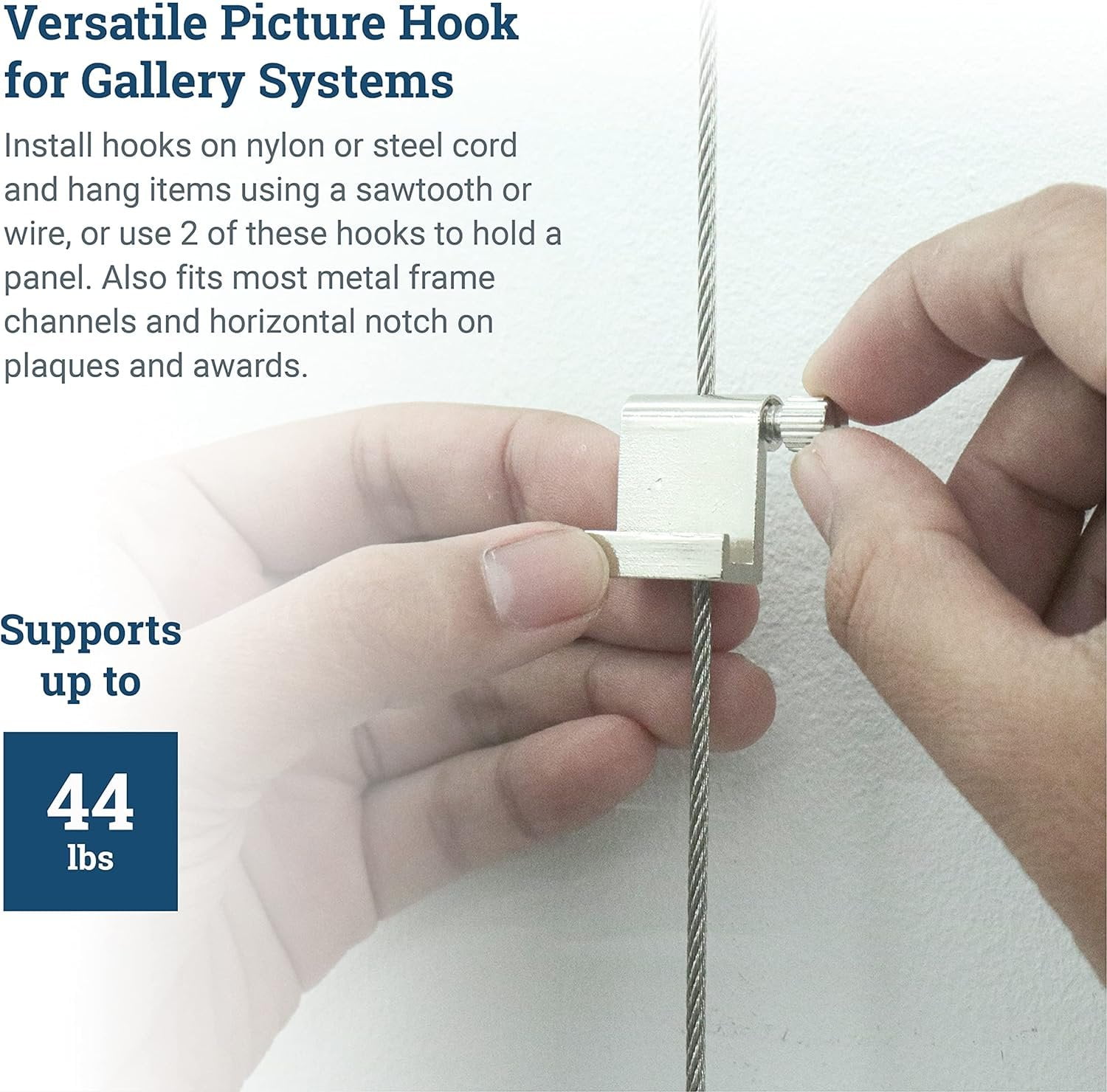 Picture Hang Solutions - Adjustable Gallery Hooks for Nylon or Steel Cables - Gallery Hanging System (10 pieces per pack)