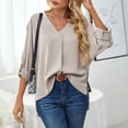 thumbnail image 3 of Blusa de manga larga con escote en V y puños con volantes, top informal para mujer, talla XL, color caqui elegante, 3 of 6