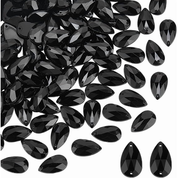 100 Pcs Teardrop Shape Sew on Beads Flat Backed Black Sew on Mirror Rhinestones Acrylic Sew-on Stone Flat Back Glass Rhinestone with 2 Holes