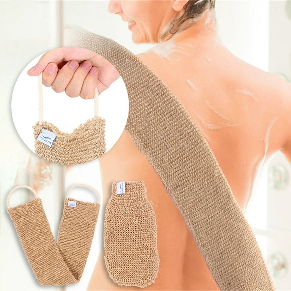 VBXOAE Bath Towel Pull Back Strap with Matching Exfoliating Glove Natural Fiber 26 Inches Long Coverage Easy to Use with Two Handles Quick Drying and Machine Washable