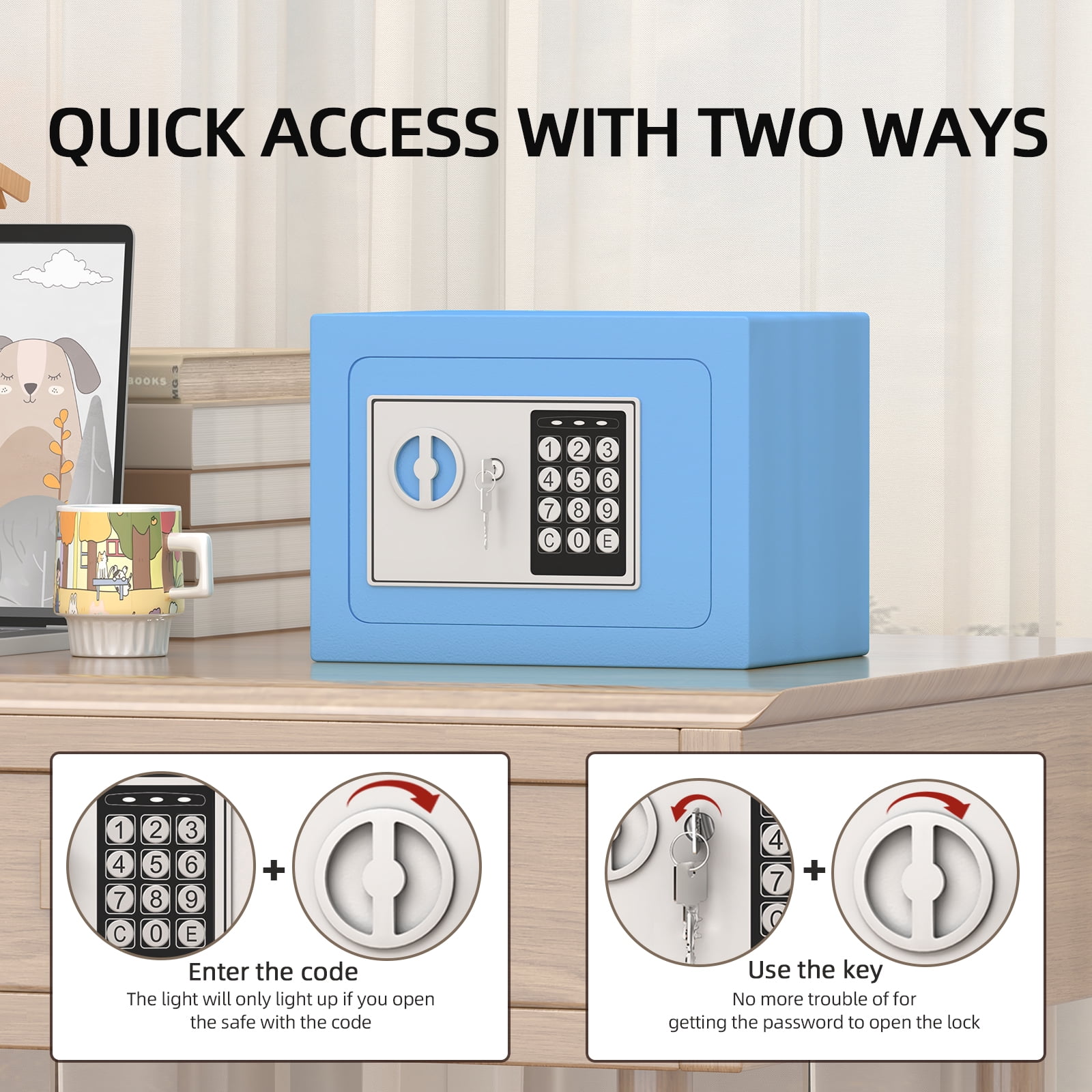 Marcree Money Safe Box for Home with Sensor Light & Fireproof Money Bag - 0.23 Cubic Feet Security Safe Box with Digital Keypad, Keys & Pass Code Lock, 9.05" W x 6.69" D x 6.69" H, Blue