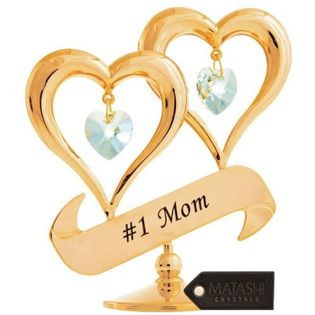 - 24K Gold Plated Crystal Studded Double Heart with #1 Mom Banner