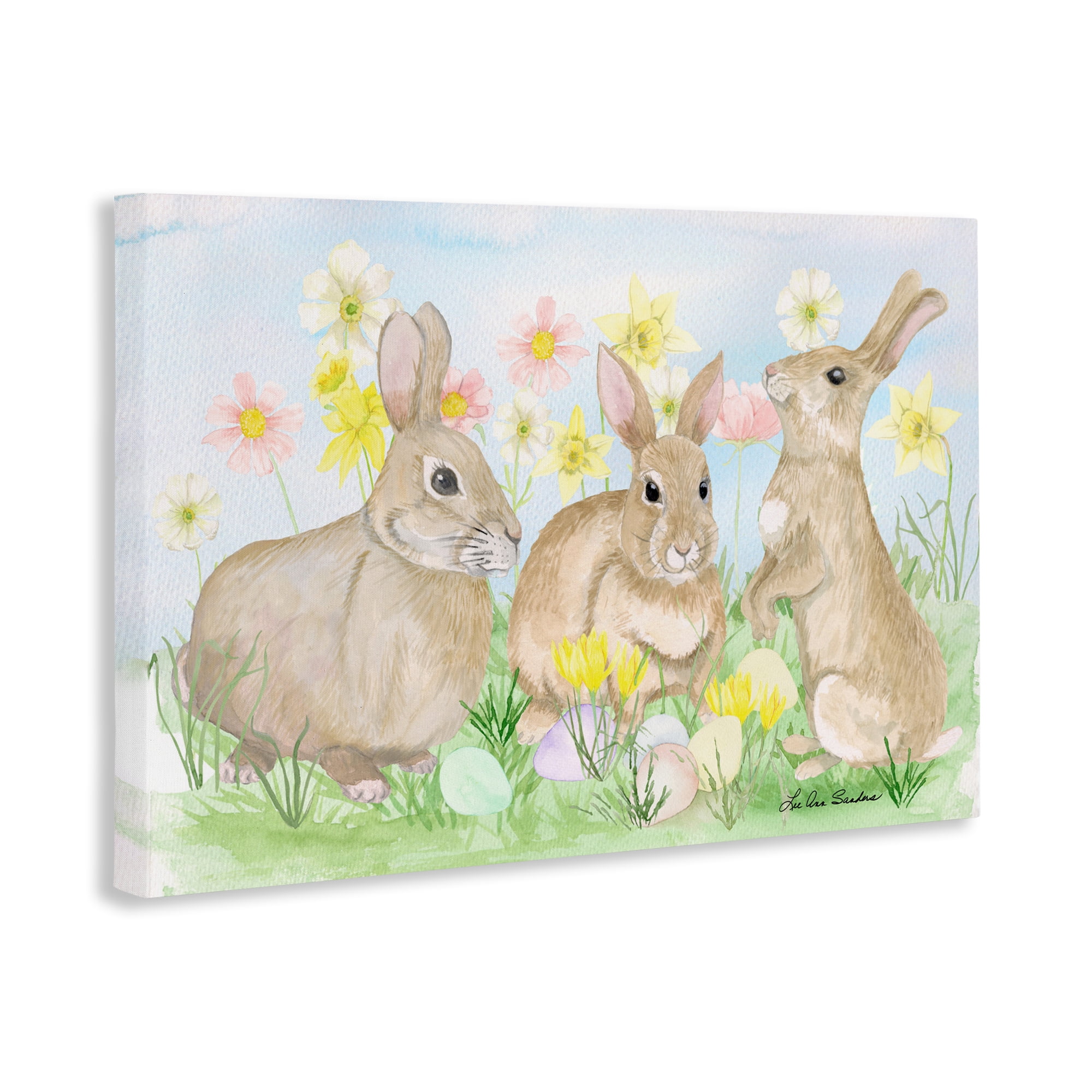 Three Bunnies In The Grass Canvas Wall Art, design by Lee Ann Sanders