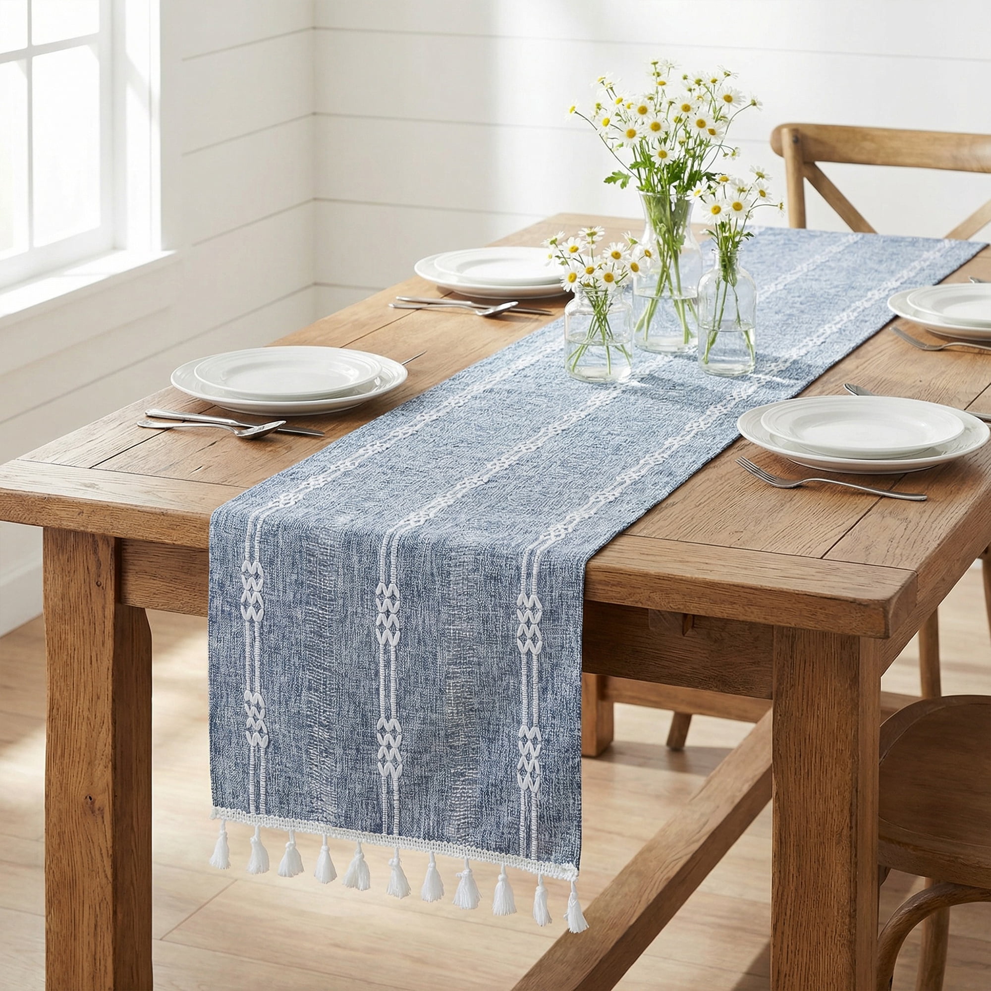 Unique Bargains Openwork Polyester Runner Table Runner for Kitchen Decor Blue 13"x70.9"