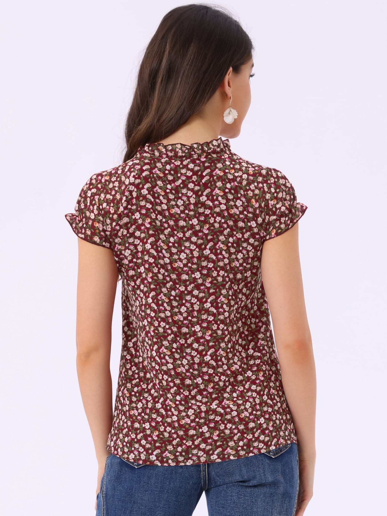 DARING DIVA Women's Ruffle V Neck Cap Sleeve Chiffon Floral Blouse Top S Dark Red