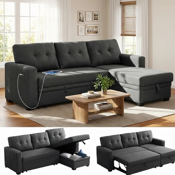 TiramisuBest Convertible Sofa Bed Couches for Living Room, 82" Sleeper Sofa with Pull Out Couch Bed, Linen Fabric L Shape Sectional Couch with Reversible Storage Chaise, USB Charging (Charcoal Gray)