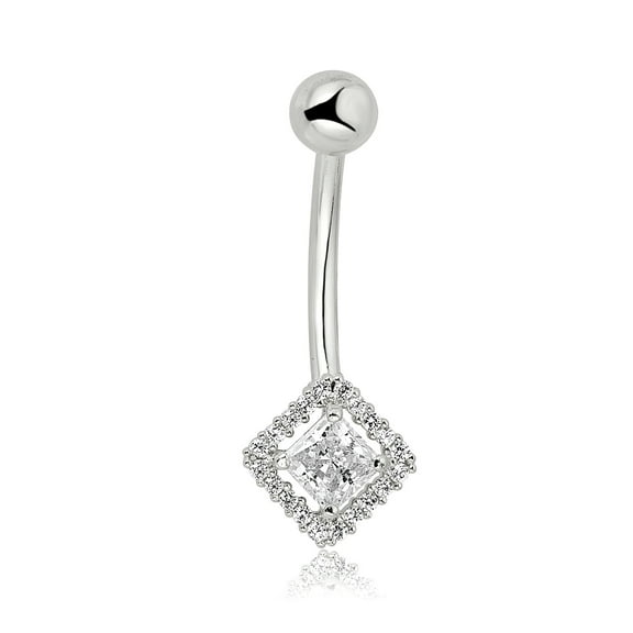 AVORA 10K White Gold 4mm Princess-Cut Simulated Diamond CZ Halo Belly Button Ring Body Jewelry (14 Gauge)