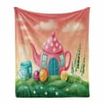 thumbnail image 1 of Fantasy Soft Flannel Fleece Throw Blanket, Fantasy Teapot and Cup Houses Wonderland Theme Meadow Teatime Happiness Artwork, Cozy Plush for Indoor and Outdoor Use, 60" x 80", Pink Green, by Ambesonne, 1 of 5