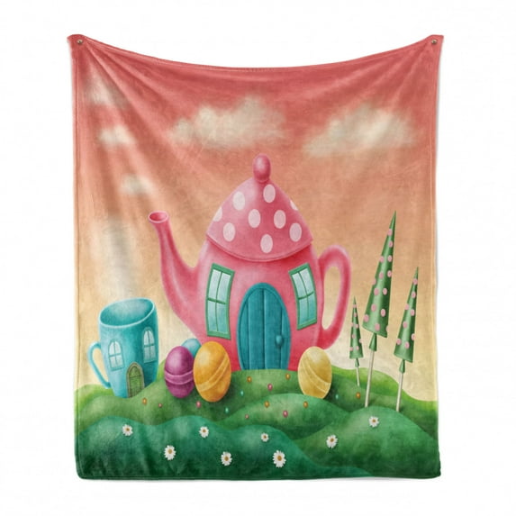 Fantasy Soft Flannel Fleece Throw Blanket, Fantasy Teapot and Cup Houses Wonderland Theme Meadow Teatime Happiness Artwork, Cozy Plush for Indoor and Outdoor Use, 60" x 80", Pink Green, by Ambesonne
