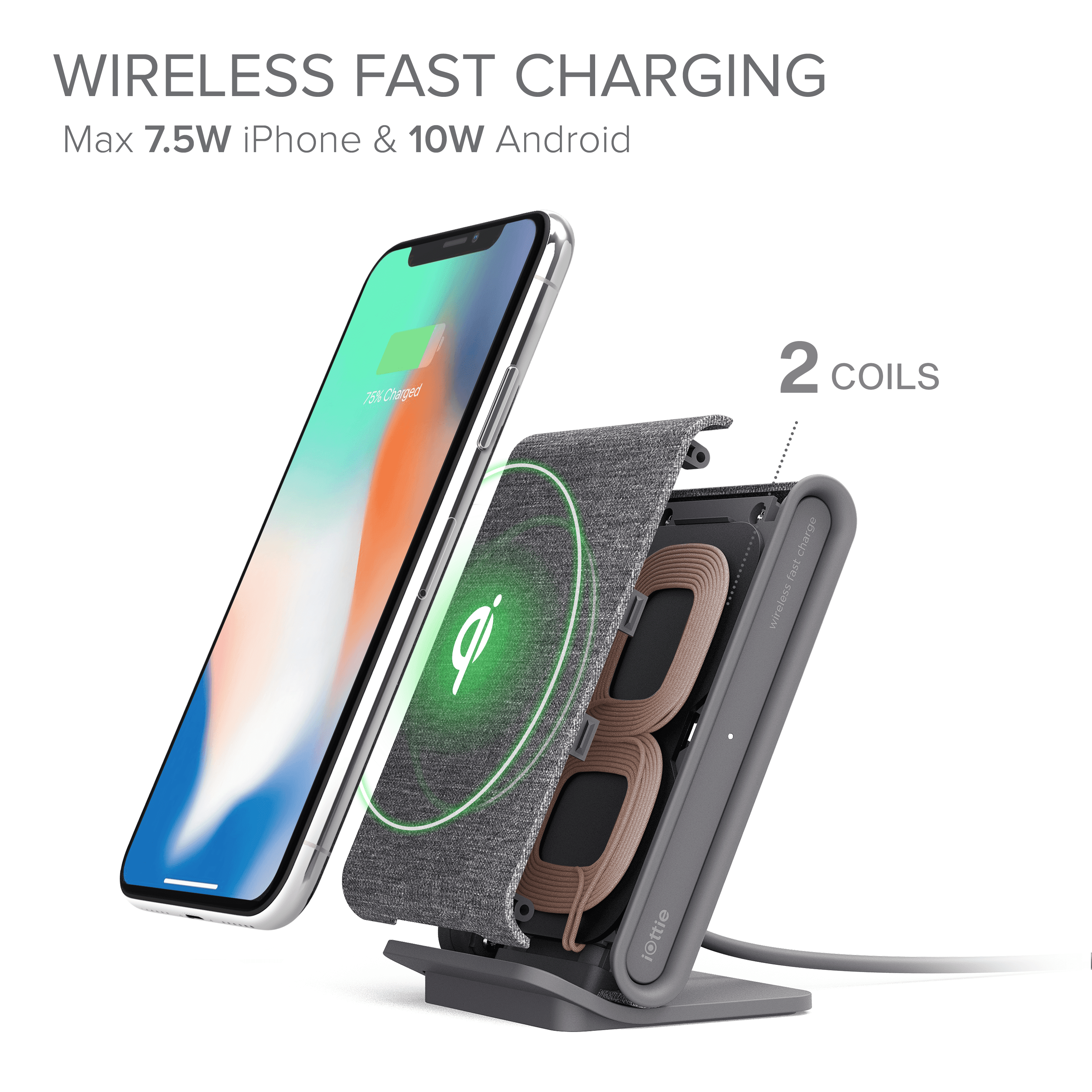 iOttie iON Wireless Fast Charging Stand Charger Qi-Certified 7.5W for iPhone XS Max R 8 Plus 10W for Samsung S9 Note 9 (Includes USB C Cable & AC Adapter) Dual Charge Feature - Ash