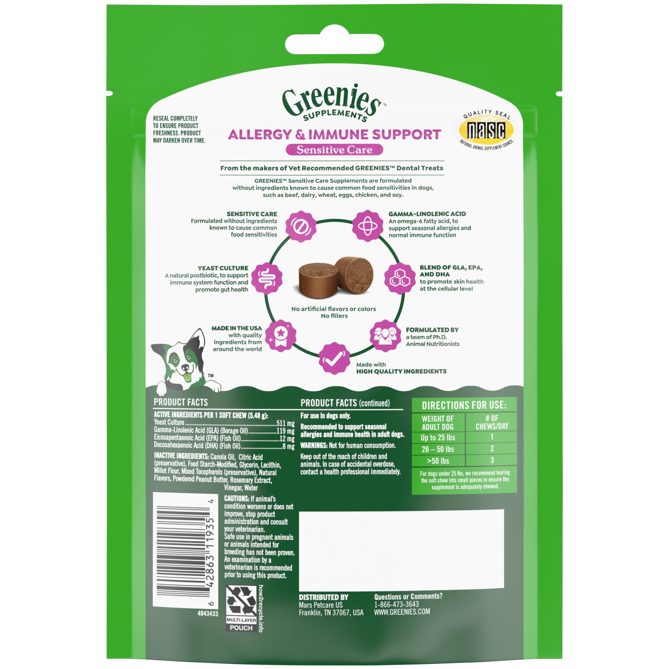 Greenies Supplements Peanut Butter Flavor Allergy & Immune Support Dog Chews, 7.76 oz Pouch