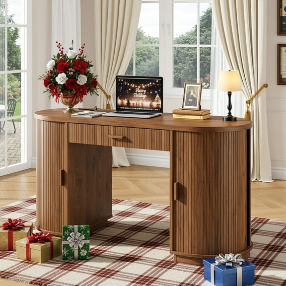 58 inch Home Office Desk with Charging Station, Fluted Executive Computer Desk with Drawers and Storage Cabinet, Large Wood Writing Table for Study, Living Room, Bedroom Workstation,Elegant Walnut