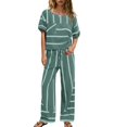 thumbnail image 3 of Women's Striped Two Piece Set, Crew Neck Top with Pocket and Drawstring Waist Wide Leg Pants, Cotton Linen Loungewear Set, Summer Casual Outfits for Women-Light Green, 3 of 7