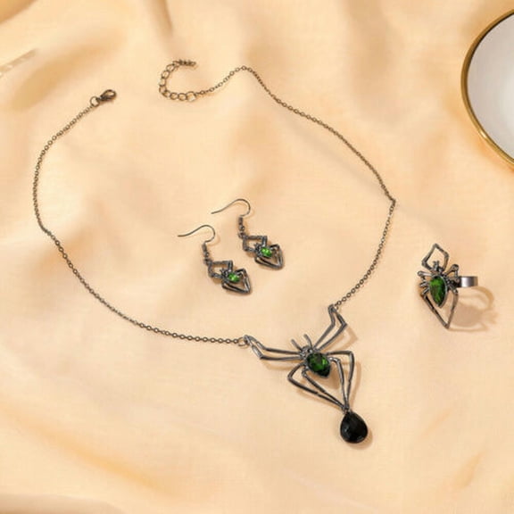 QQTDFG Vintage 3pcs/set Halloween Spider Drop Earrings Necklace Ring Jewelry Set Gifts-#1
