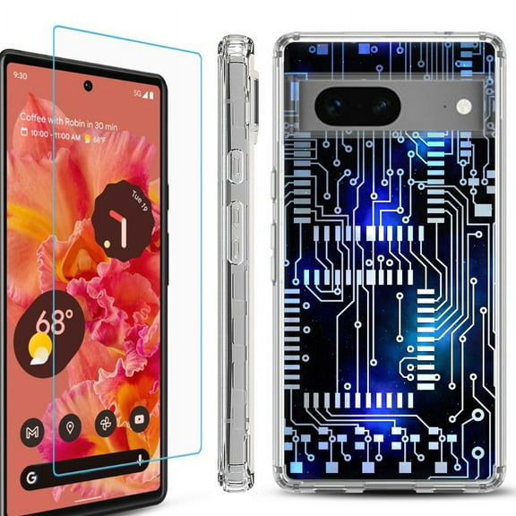 OneToughShield ® Compatible with Google Pixel 8, Shockproof Phone Case, with Tempered Glass Screen Protector - Cosmos Circuit