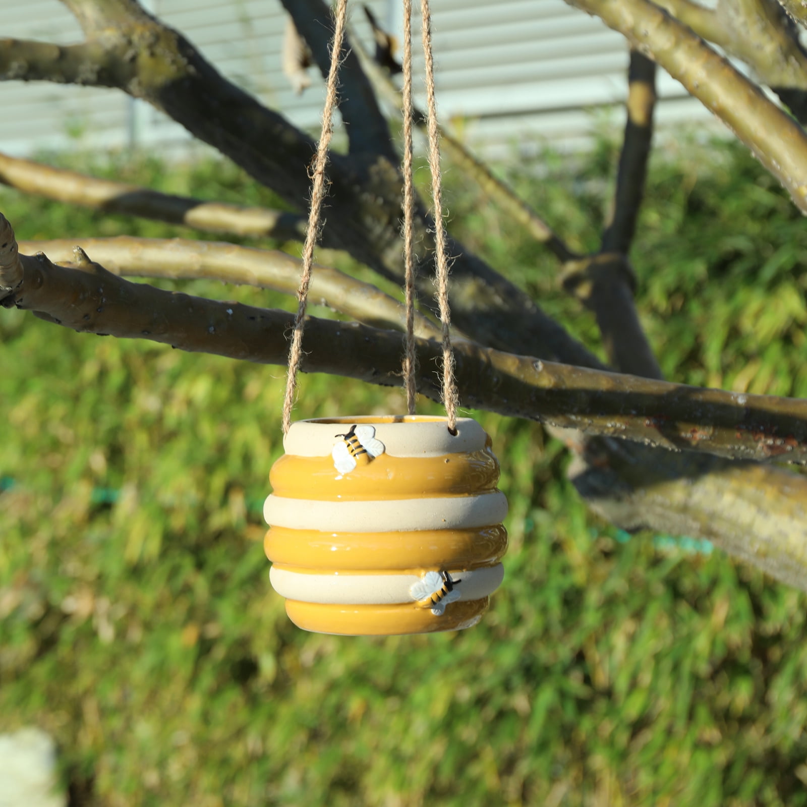 Ceramic Bee Hive Hanging Planter – Yellow & White Striped Flower Pot with Jute Rope Hanger, Bee Decor for Indoor/Outdoor Plants, Succulents & Flowers