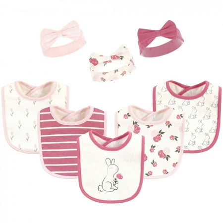 UPC: 0660168561838 | Hudson Baby Infant Girl Cotton Bib and Headband or Caps Set 8pk  Pink Bunny  One Size