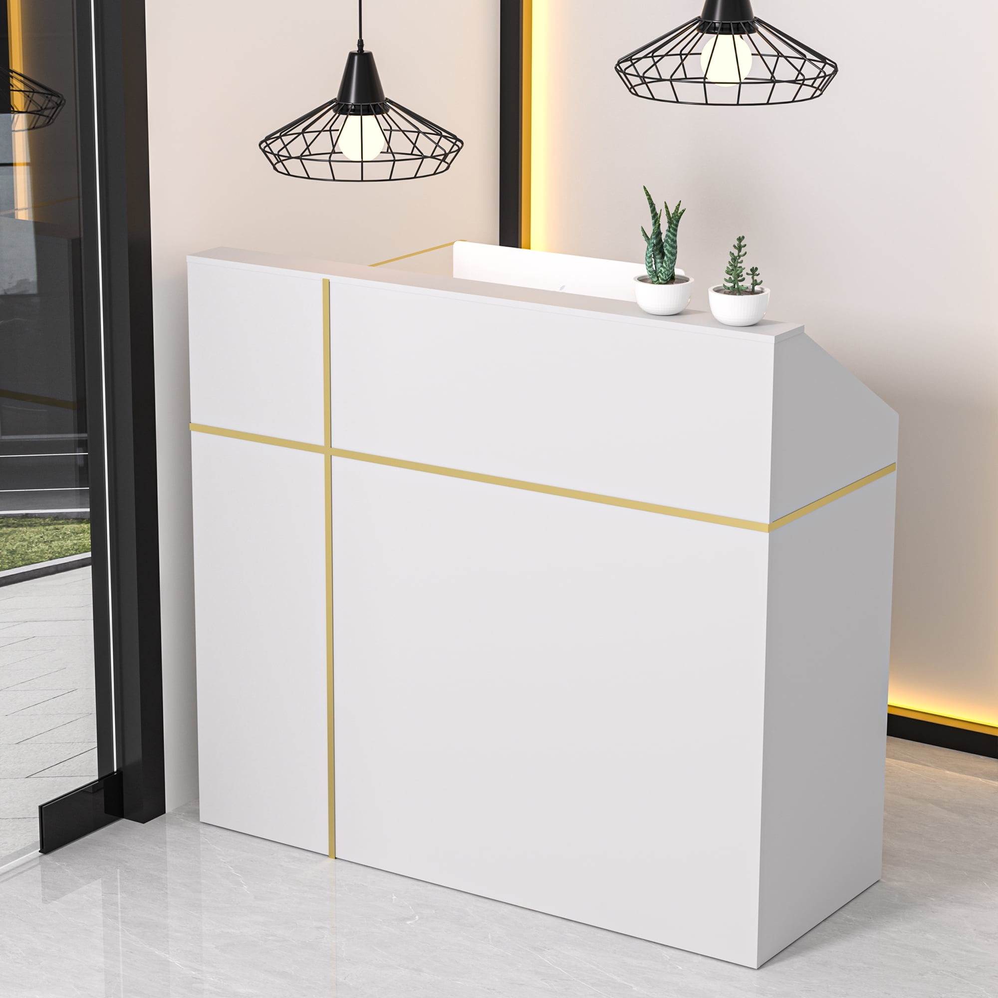 HARIPUL 50-inch Reception Desk with Counter, Front Desk Office Desk with Storage Shelves, White