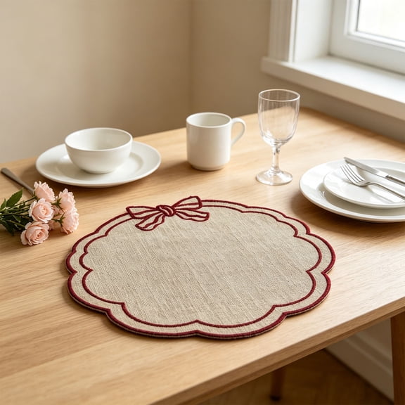 Linnome Flower Shaped Embroidered Linen Placemats, Bow Decor Heat Resistant Table Mats, Washable Stitched Insulation Plate Mats for Dining Table, Coffee Table Decor