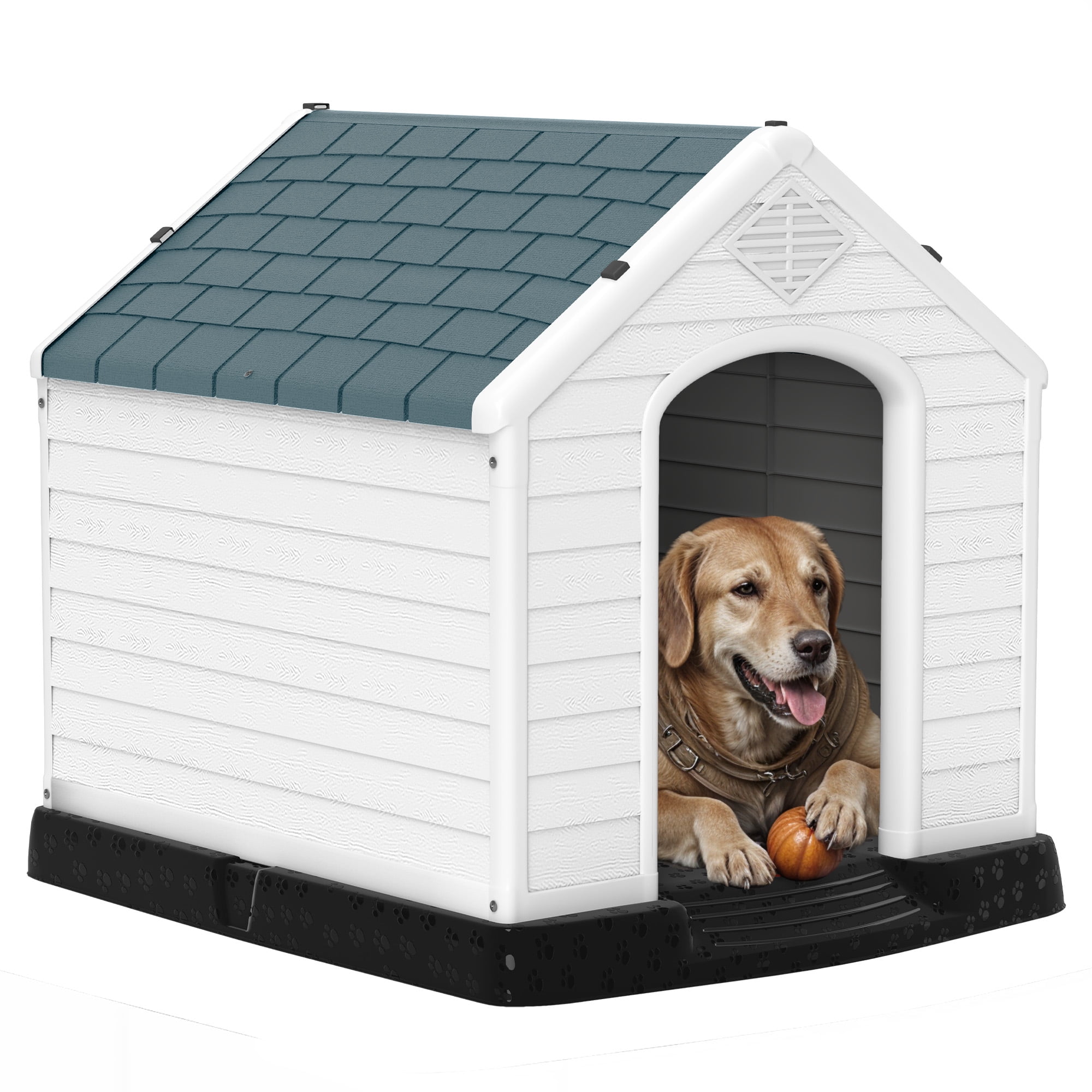 Dextrus 28" Plastic Dog House, Waterproof with Elevated Floor & Air Vents, Easy Clean & Assemble, Gray