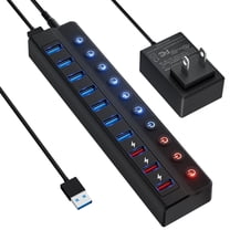Powered USB Hub 3.0, 10-Port USB Splitter Hub (7 Faster Data Transfer Ports  3 Smart Charging Ports) with Individual LED On/Off Switches and 12V/3A Power Adapter USB Extension for Mac, PC and More