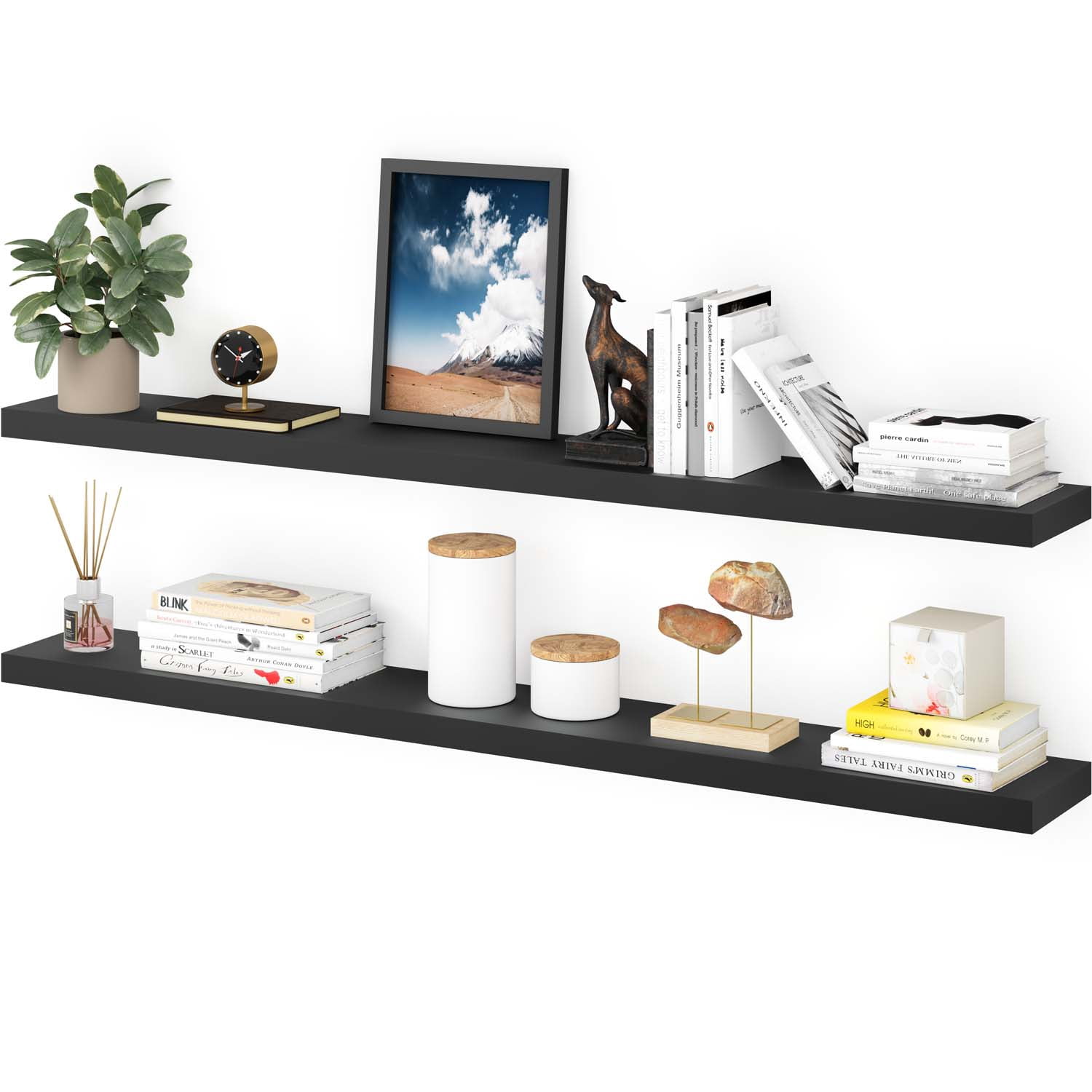 Ballucci 60" Floating Shelves, 2-Pack Wood Wall Shelf Set with Invisible Brackets, 8" Deep, Black