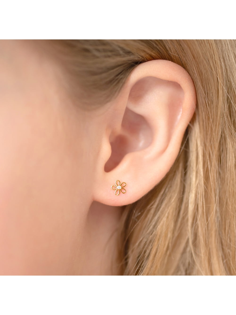 14k Gold CZ Flower Clear Toddler / Kids / Girls Earrings Safety Screw Back