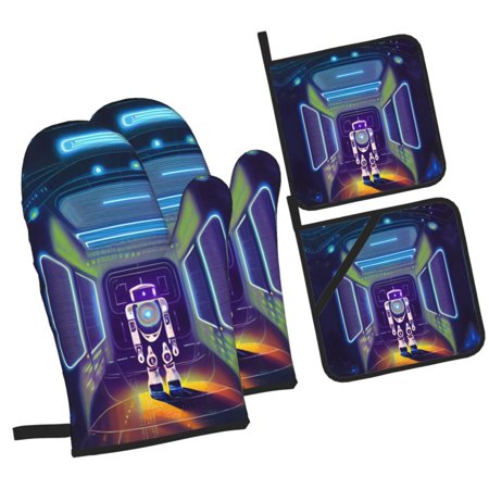 Future Space Ship Alien Oven Mitts and Pot Holders Sets Baking Sets for Kitchen Bbq Gloves Heat Resistant Cooking Fantasy 4 Pieces