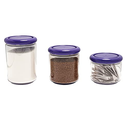 OMADA Acrylic Storage Container Set: 3 Piece Sugar Flour Container and Pasta Container Set - Storage Jars for Food Toiletries Office Supplies - 3 Assorted Sizes (16 Oz, 25 Oz, 33.8 Oz) ? Purple Lids