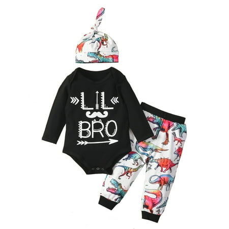 

FOCUSNORM Baby Boys Letter Print Long Sleeve Round Neck Dinosaur Pattern Trousers Knotted Cap