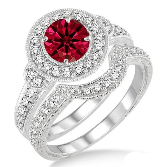 2.25 Carat Red Ruby Moissanite Diamond 6mm Round Cut Antique Halo Bridal Set Engagement Ring on 10k White Gold