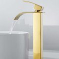 thumbnail image 1 of Grifo de baño con caño alto en cascada para lavabo, mezclador moderno de agua fría y caliente cuadrado cromado de un solo orificio (dorado), 1 of 5