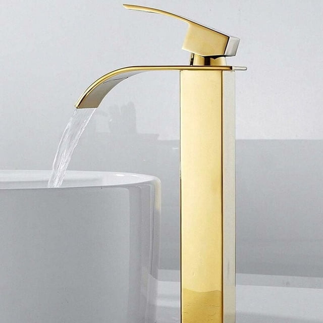 Grifo de baño con caño alto en cascada para lavabo, mezclador moderno de agua fría y caliente cuadrado cromado de un solo orificio (dorado)