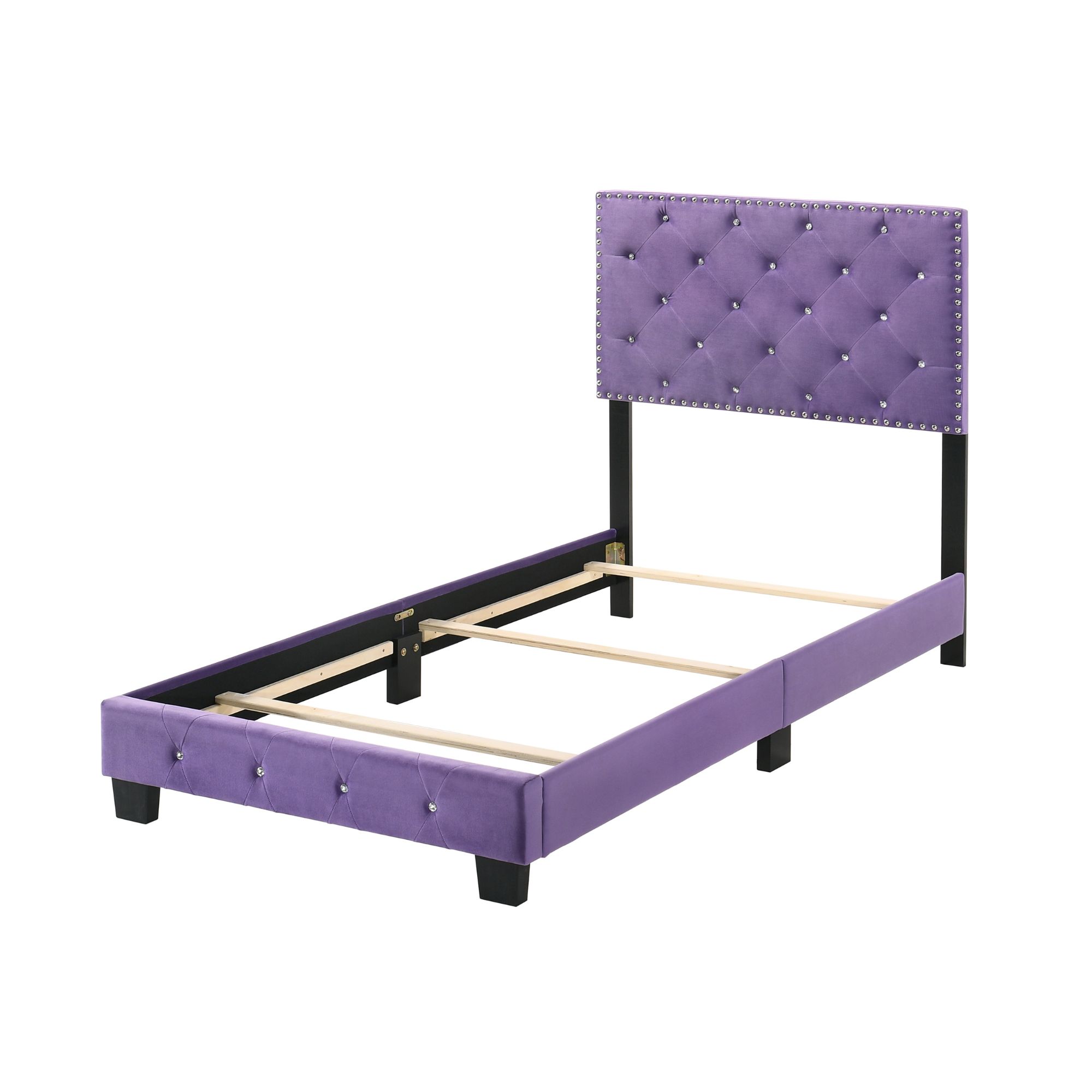 Noble House Casual Velvet Twin Bed for Kids with Tufted Headboard, Wood Supports, Purple