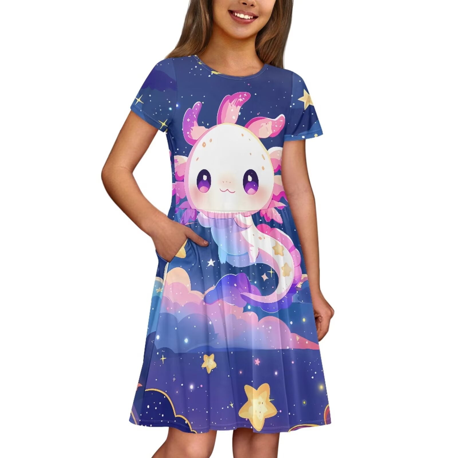 Uourmeti Axolotl Summer Dresses for Teen Girls Cute Short Sleeve Swing Dress Galaxy Lightweight Soft Crew Neck Midi Dresses Casual Beach Dress with Pockets