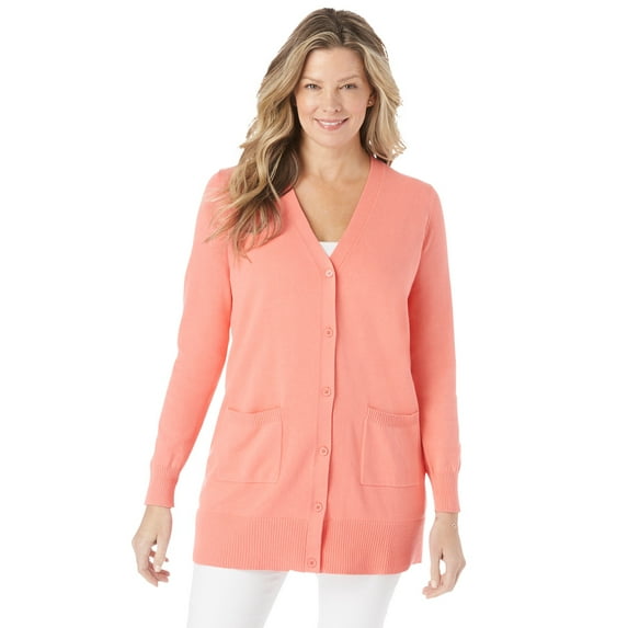 Woman Within Women's Plus Size The Cotton Perfect Boyfriend Cardigan Sweater - M, Sweet Coral Pink