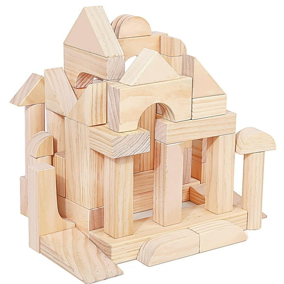 Grand Ensemble de Blocs de Construction en Bois - Jouets Éducatifs Préscolaires avec Boîte de Rangement en Bois, Blocs de Construction et d'Empilage pour Garçons et Filles de 3+ Ans