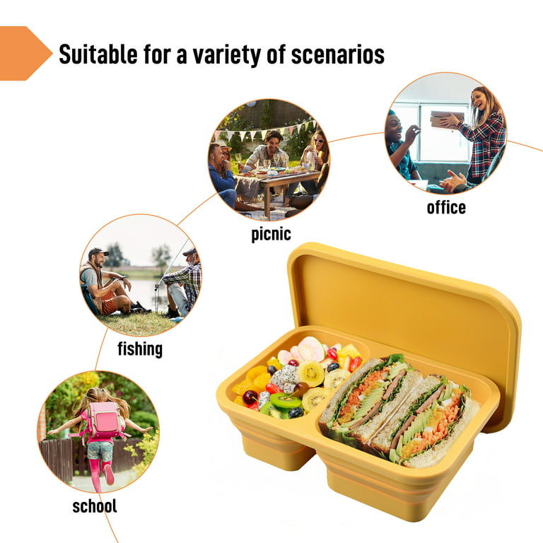 Asdomo Food Box Lunch Container Squares 2 Compartments Collapsible Silicone  Snack Containers With Lids 