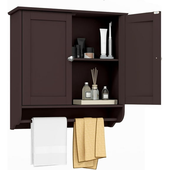 Tangkula Bathroom Cabinet Wall Mounted, Bathroom Medicine Cabinet with Bar & Double Door, Adjustable Shelf, Over The Toilet Storage, Hanging Organizer for Laundry Kitchen (Brown)