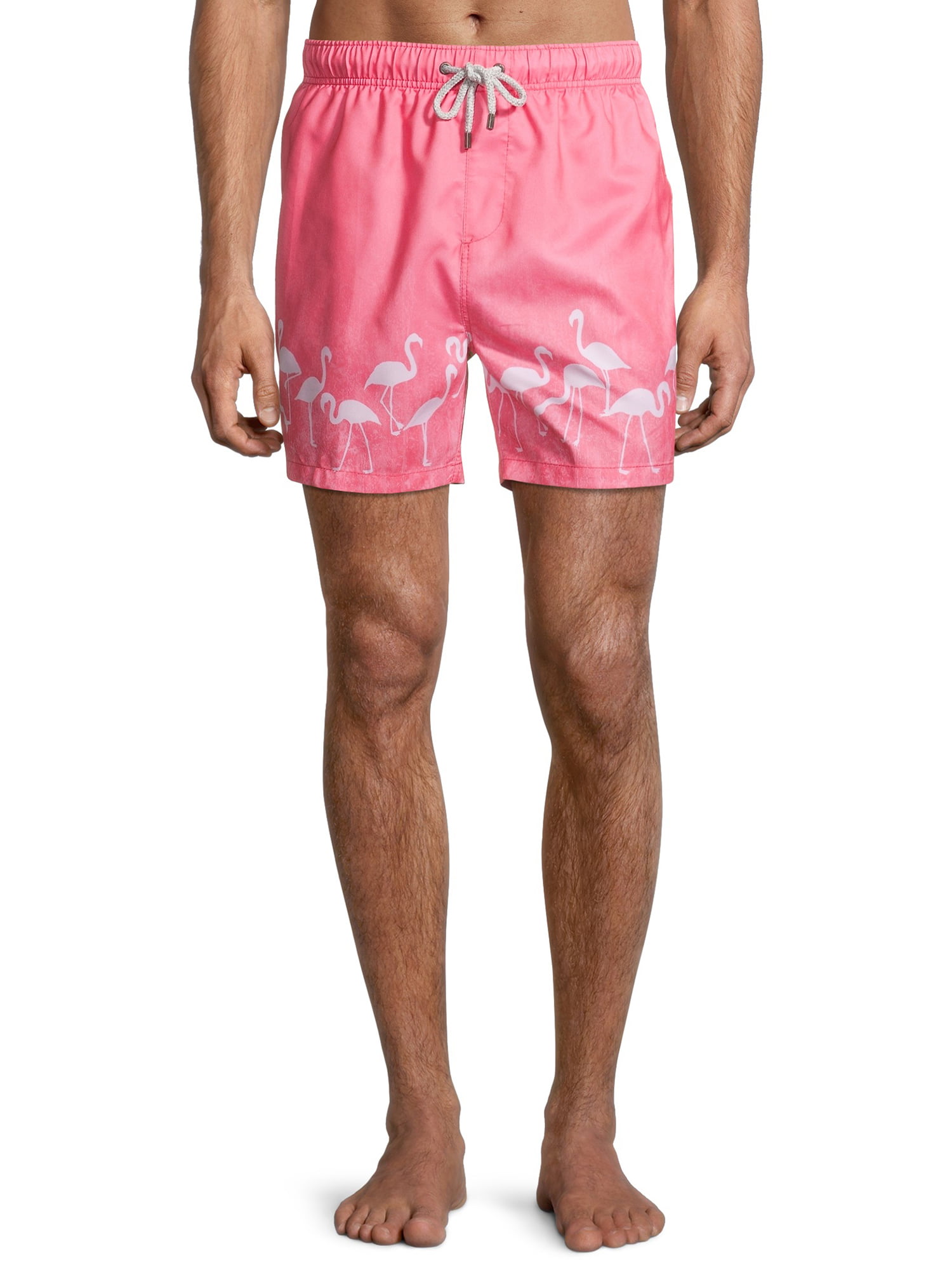 Shakumen Hawaiian Pink Flamingos Mens Beach Shorts Breathable Surfing Trunks with 3 Pockets
